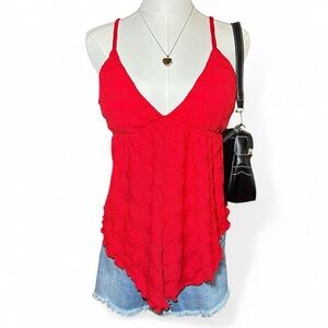 Bold Red V-Neck Handkerchief Hem Cami Summer Tomato Girl